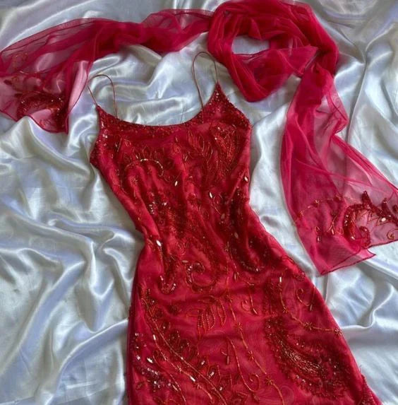 Red fashion elegant exquisite beaded spaghetti straps long ruffled chiffon ball gown evening dress party dress gh3477