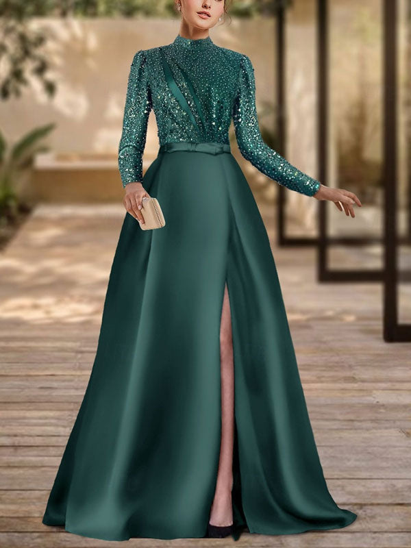 Long Sleeve V Neck Satin Gown with Glitter Slits