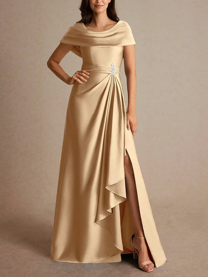 Champagne A-Line Pleated Stretch Satin Dress