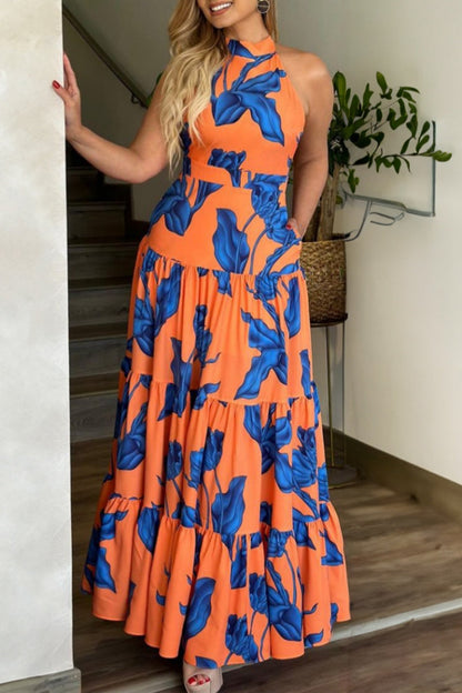 loveedsTM-Casual Print Backless Halter Long Dress Dresses