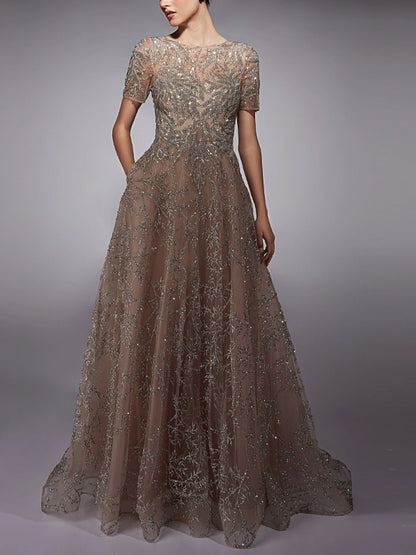 Round Neck Short Sleeve Sequined Mesh Maxi Dress