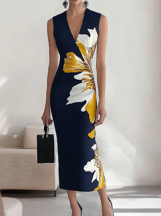 Dark Blue V-neck Printed Tights Midi Dress