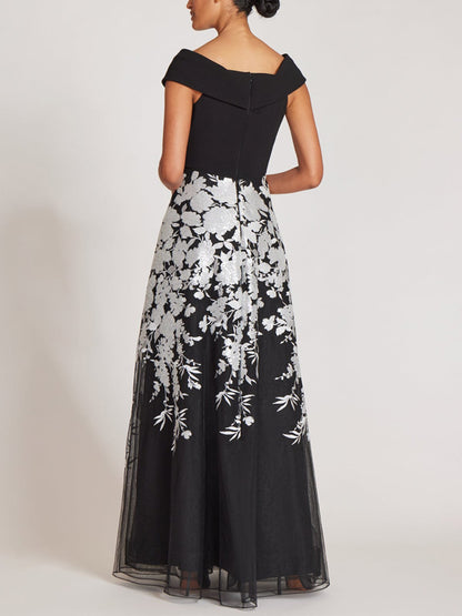 Crepe Off The Shoulder Floral Embroidered Gown