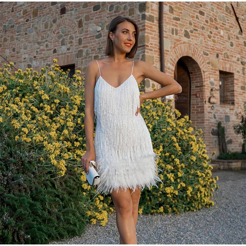 loveedsTM-Sequins Tassel Feather Spaghetti Strap Dress Women Fashion Sexy Stitching Mini Dresses Ladies Evening Party Club Elegant Dress