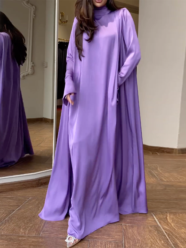 loveedsTM- Flared Sleeves Long Sleeves Solid Color High-Neck Maxi Dresses