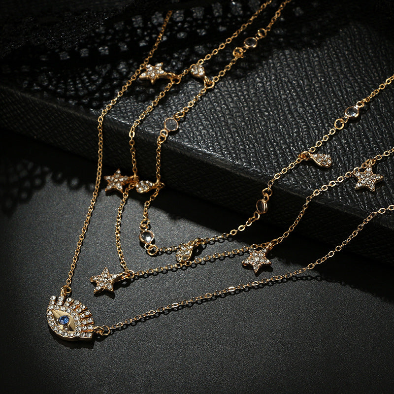 Water drop blue diamond multilayer necklace