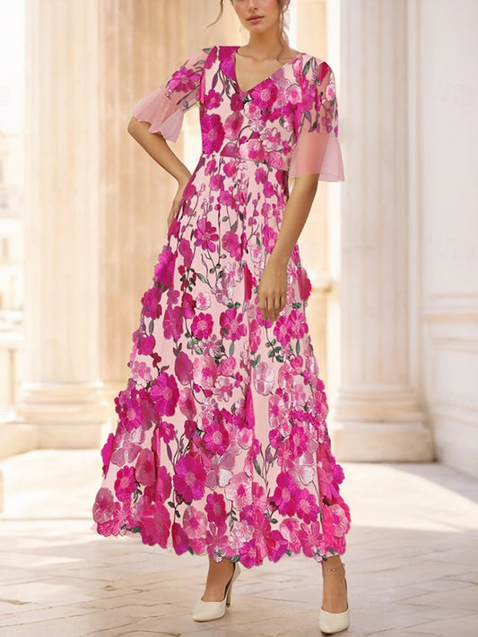 Floral Short Sleeve Tulle Embroidery Dress