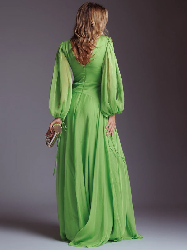 V-Neck Solid Chiffon Maxi Dress