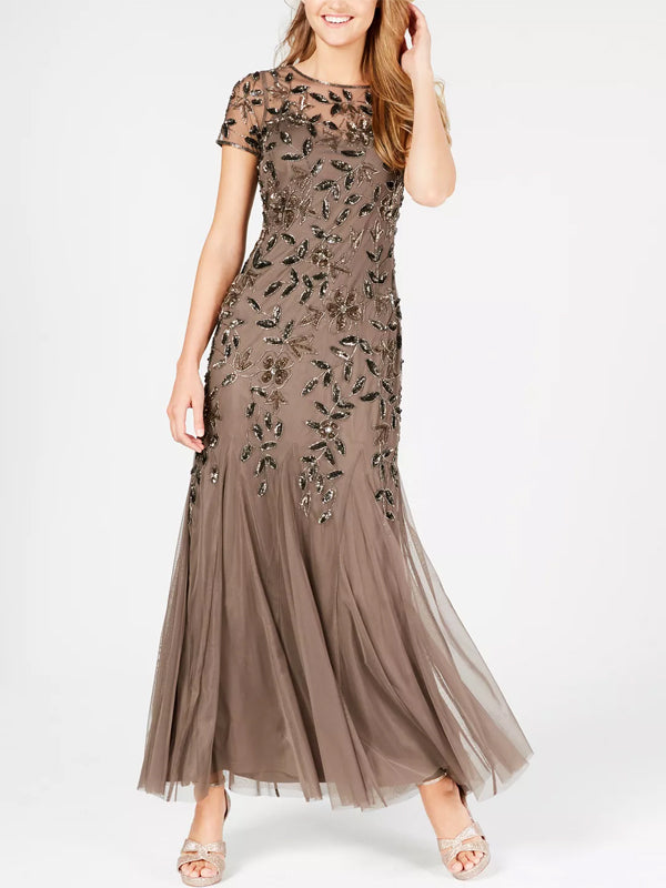 Round Neck Solid Sequin Midi Dress