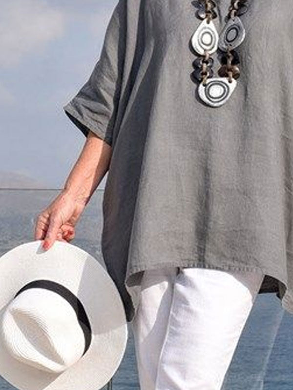 Round Neck Cotton And Linen Loose Top For Ladies