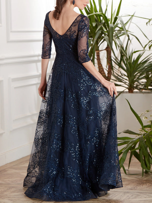 V-neck Lace Solid Color Maxi Dress