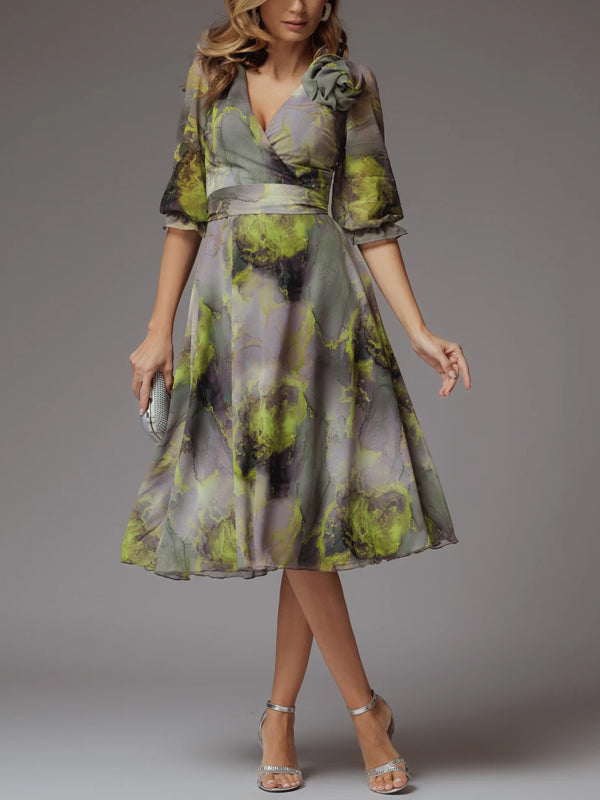 V-neck Chiffon Print Midi Dress