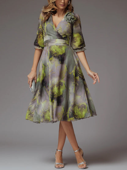 V-neck Chiffon Print Midi Dress