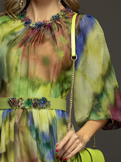 Crew Neck Printed Chiffon Midi Dress