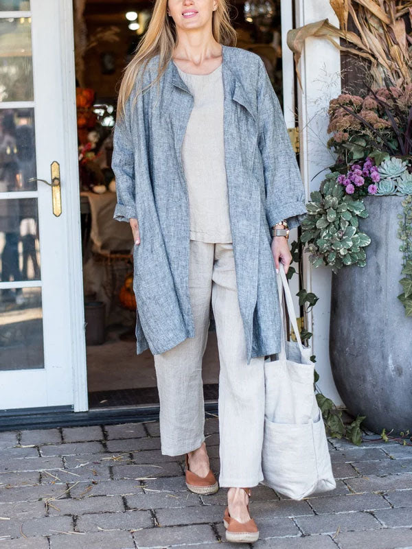 Solid Color Cotton and Linen Women's Shirt Cardigan