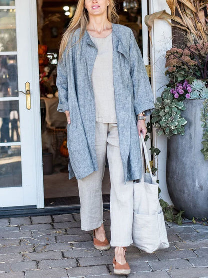 Solid Color Cotton and Linen Women's Shirt Cardigan
