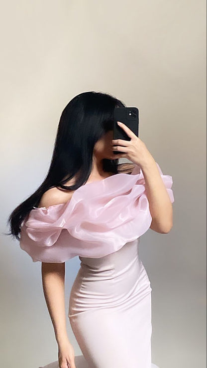 Gentle Pink Mermaid Off the Shoulder Organza Satin Prom Dress Party Dress with Slit SH3680
