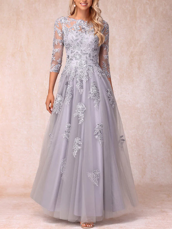 A-Line/Princess Sheer Neck Half Sleeves Long Formal Evening Dresses with Beading & Appliques