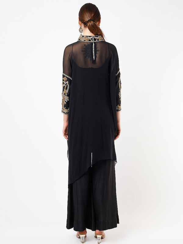 Crew Neck Lace Beaded Mesh Top Trousers Set