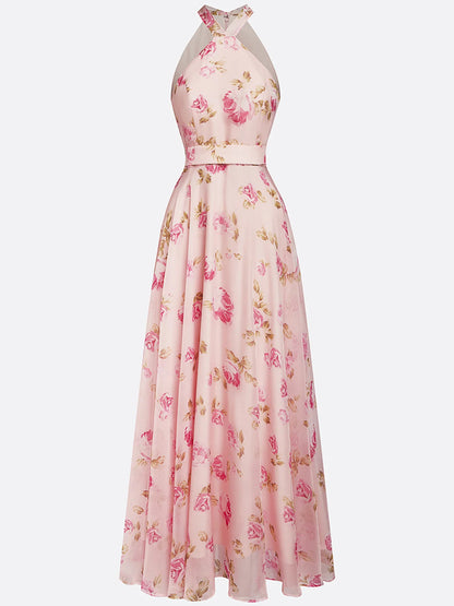 Classic Floral Halter Short Sleeve A-Line Maxi Dress