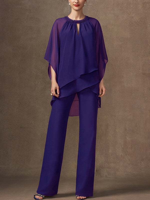 Chiffon Mother Sequin Top Trousers Suit