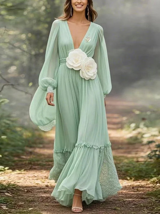 Light Green V-neck Chiffon Long Sleeves Maxi Dress