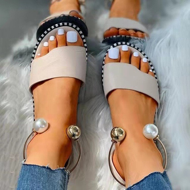 Casual flat bottom back empty pearl sandals