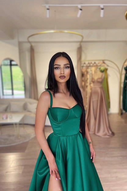 Dark Green Satin Long Prom Dress, Beautiful A-Line Evening Dress Party Dress