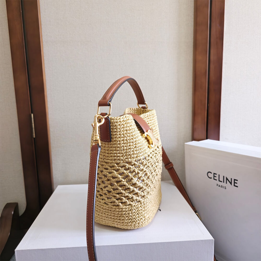 CELINE SMALL LOUISE BUCKET IN RAFFIA AND CALFSKIN