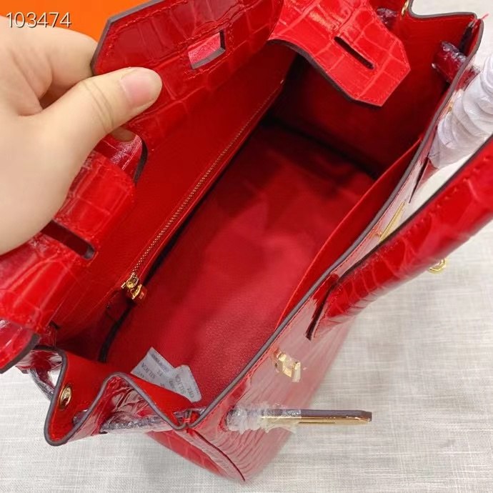 H A SHINY SANGUINE POROSUS CROCODILE BIRKIN 30 WITH GOLD HARDWARE RED 30CM