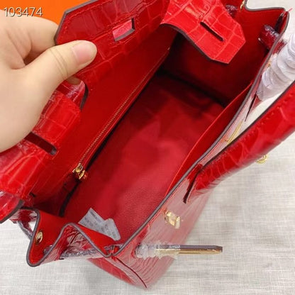 H A SHINY SANGUINE POROSUS CROCODILE BIRKIN 30 WITH GOLD HARDWARE RED 30CM