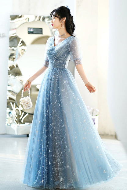 Blue V-Neck Tulle Long A-Line Prom Dress, Blue Evening Graduation Dress