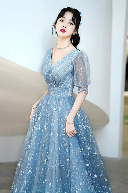 Blue V-Neck Tulle Long A-Line Prom Dress, Blue Evening Graduation Dress