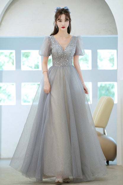 Cute Tulle Floor Length Prom Dress with Beaded, A-Line V-Neck Evening Dress