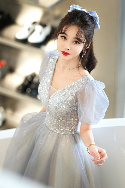 Cute Tulle Floor Length Prom Dress with Beaded, A-Line V-Neck Evening Dress