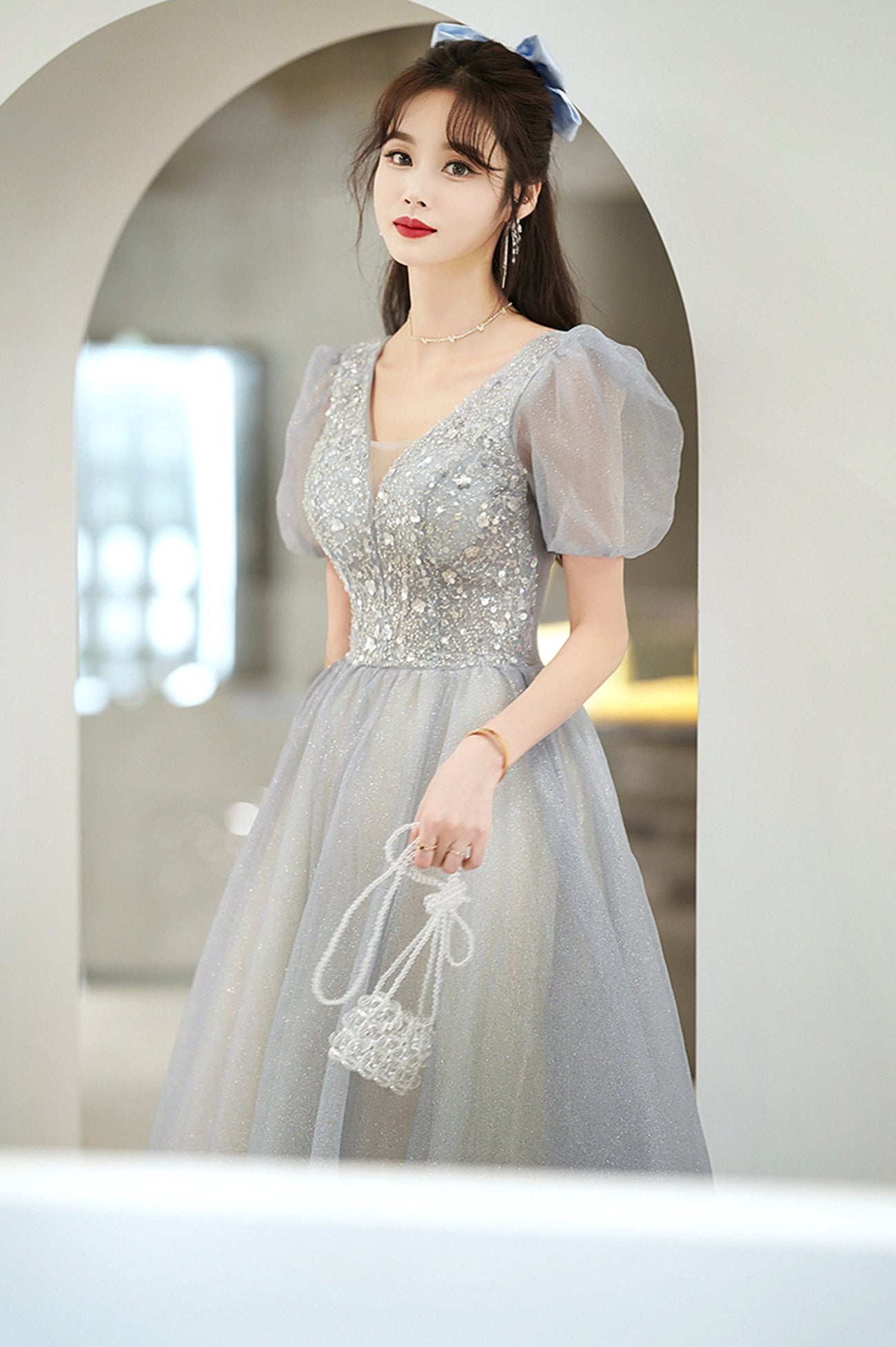 Cute Tulle Floor Length Prom Dress with Beaded, A-Line V-Neck Evening Dress