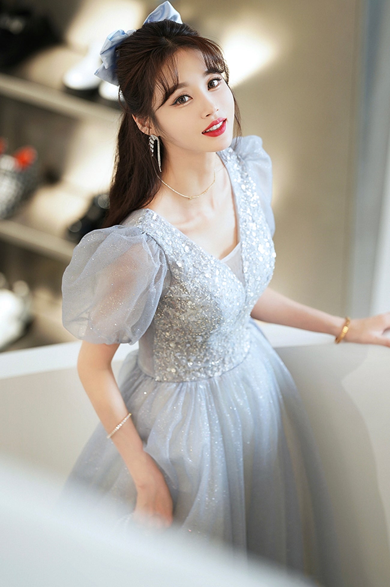 Cute Tulle Floor Length Prom Dress with Beaded, A-Line V-Neck Evening Dress