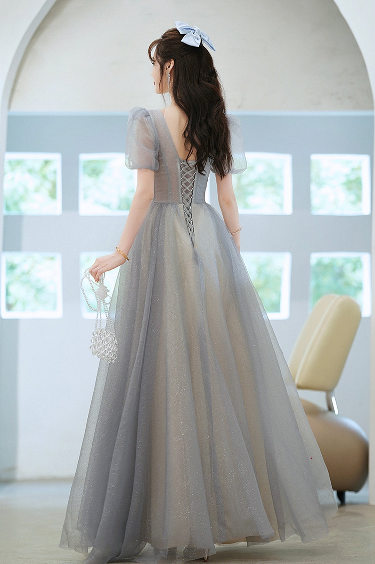 Cute Tulle Floor Length Prom Dress with Beaded, A-Line V-Neck Evening Dress