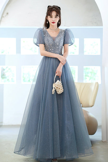 Cute Tulle Floor Length Prom Dress with Beaded, A-Line V-Neck Evening Dress