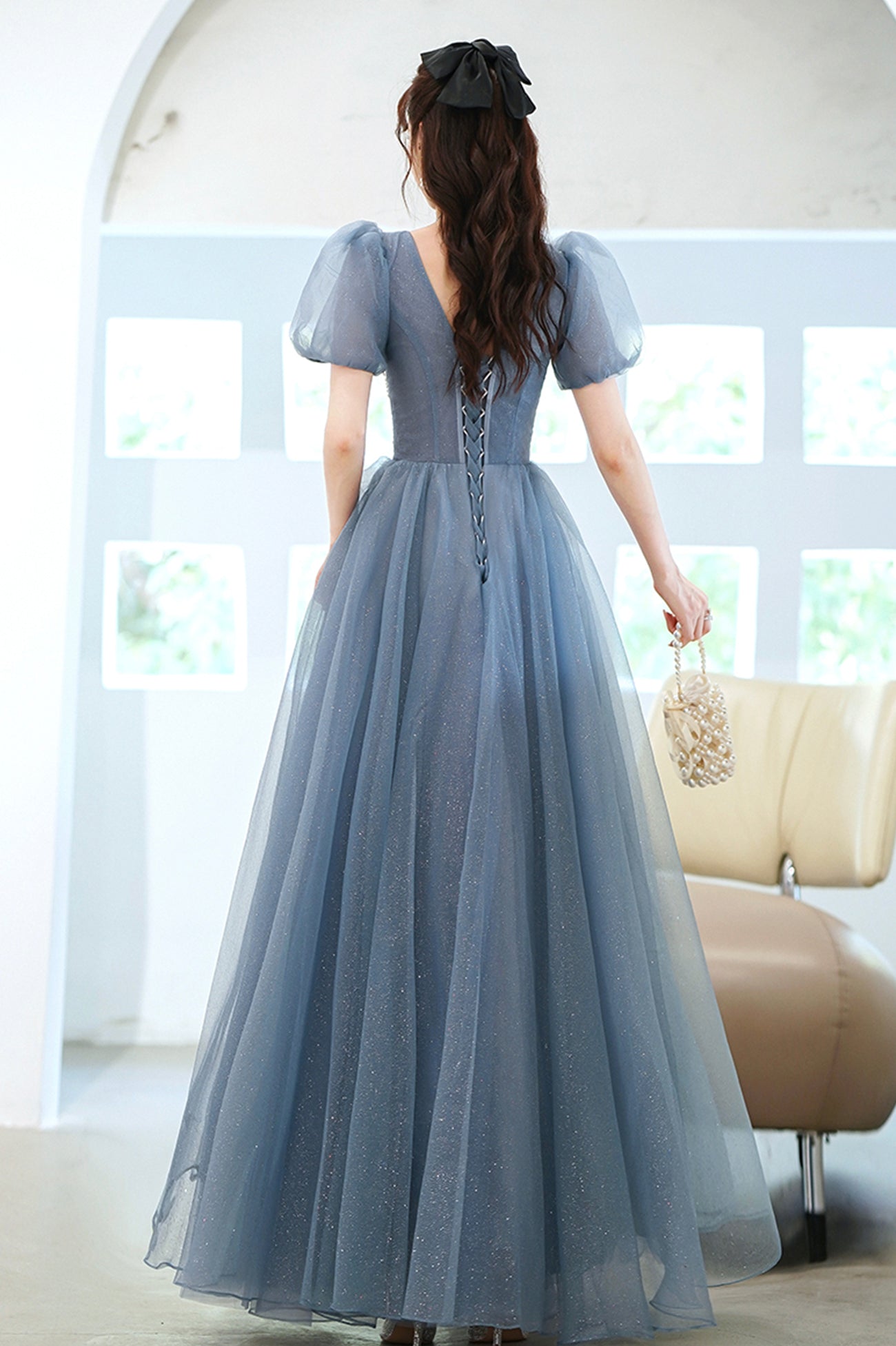 Cute Tulle Floor Length Prom Dress with Beaded, A-Line V-Neck Evening Dress