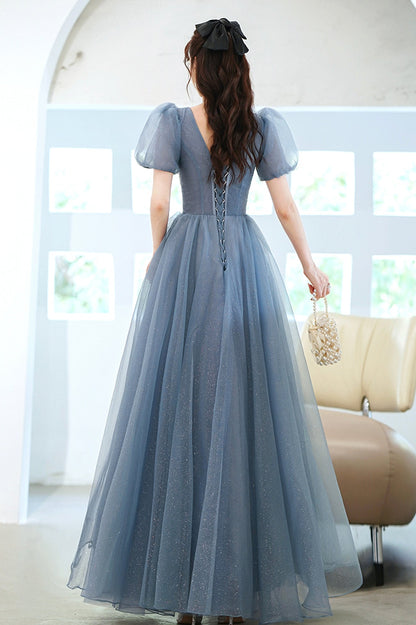 Cute Tulle Floor Length Prom Dress with Beaded, A-Line V-Neck Evening Dress