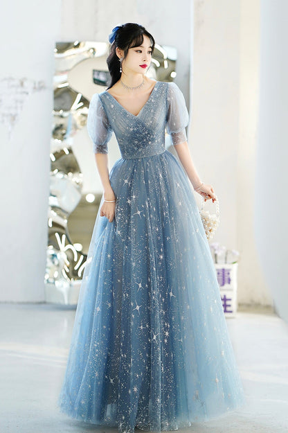 Blue V-Neck Tulle Long A-Line Prom Dress, Blue Evening Graduation Dress