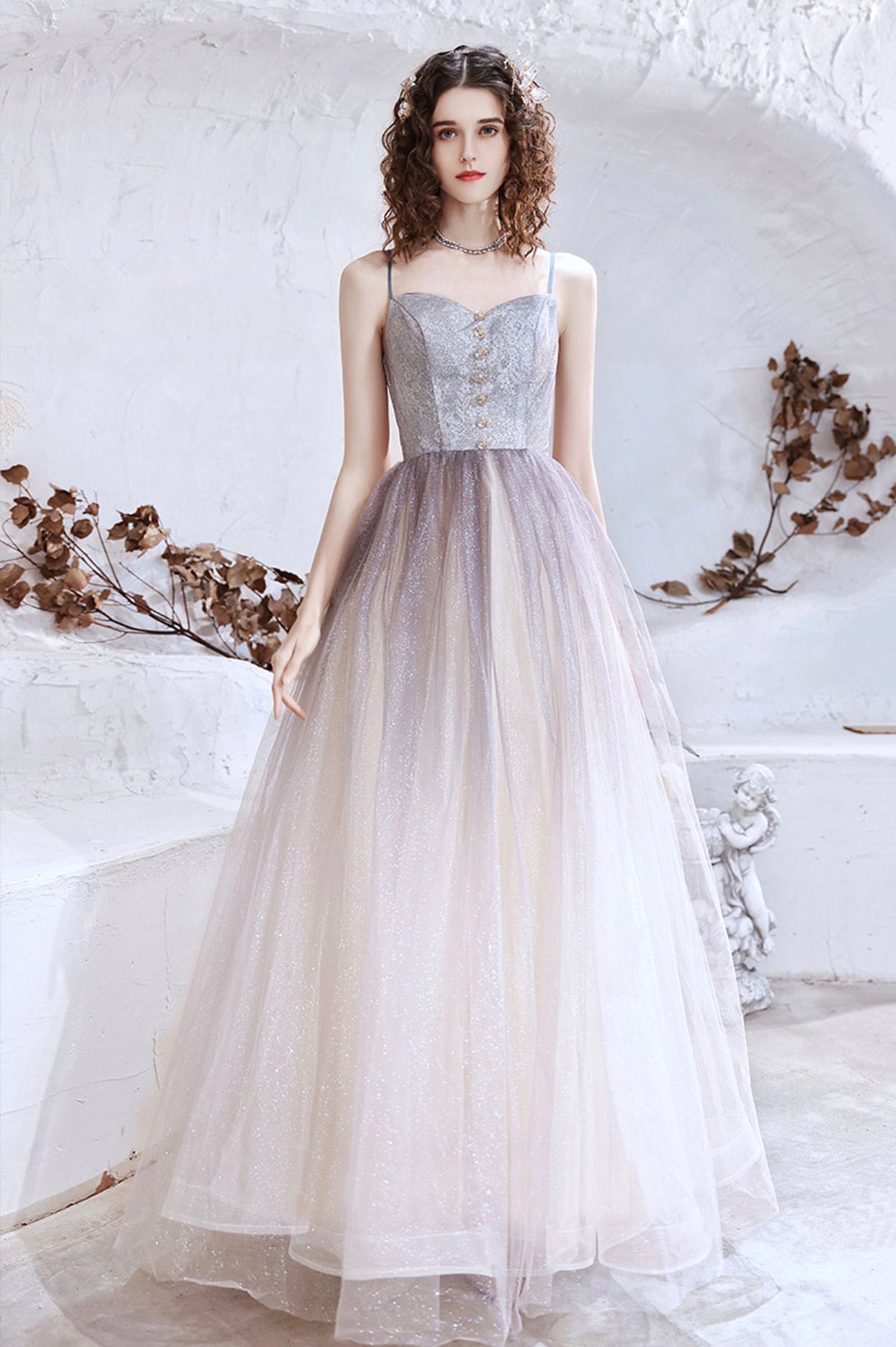 Cute Tulle Long A-Line Prom Dress, Spaghetti Straps Evening Party Dress