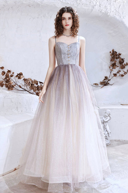 Cute Tulle Long A-Line Prom Dress, Spaghetti Straps Evening Party Dress