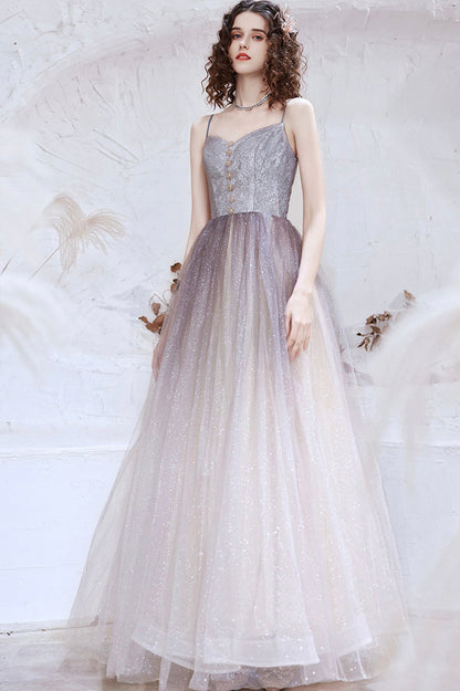 Cute Tulle Long A-Line Prom Dress, Spaghetti Straps Evening Party Dress