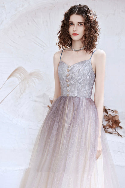 Cute Tulle Long A-Line Prom Dress, Spaghetti Straps Evening Party Dress
