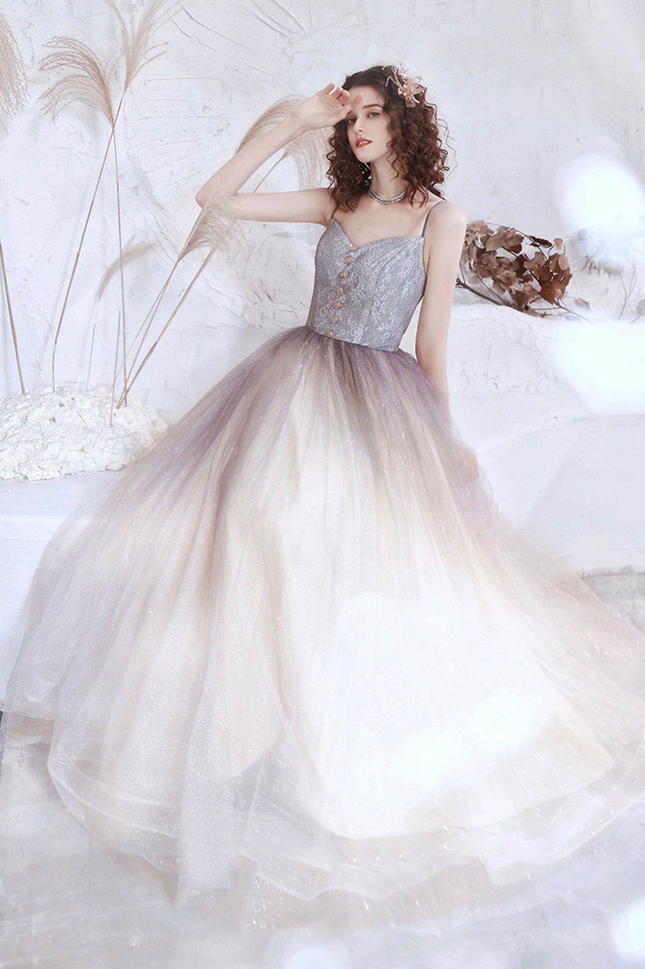 Cute Tulle Long A-Line Prom Dress, Spaghetti Straps Evening Party Dress