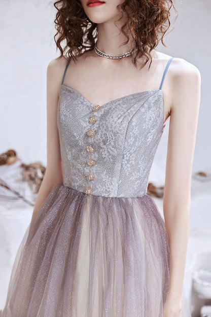 Cute Tulle Long A-Line Prom Dress, Spaghetti Straps Evening Party Dress