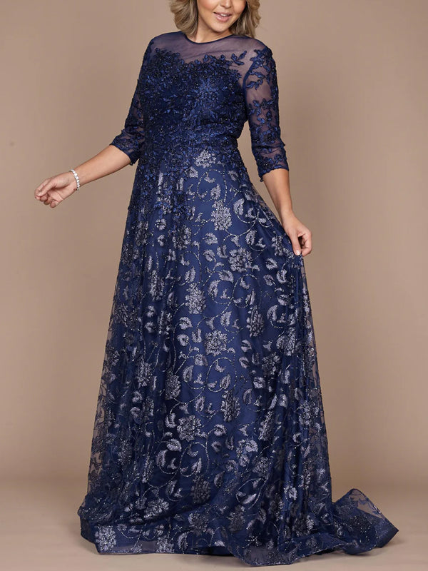 Round Neck Lace Solid Color Maxi Dress
