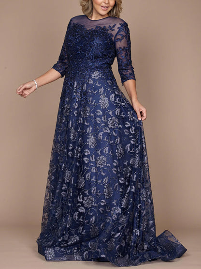 Round Neck Lace Solid Color Maxi Dress
